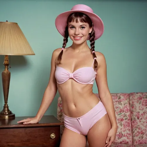 In den 1960er Jahren war eine schöne Frau mit einem eleganten, breit geschliffenen rosa Hut, Schwänze, Vollkörper, und ein Lächeln war topless mit einem eleganten, breit geschliffenen rosa Hut, Schweineschwanz, Vollkörper, und