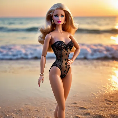 Die Barbie Puppe saß am Strand, trug einen sexy Bikini und High Heels. Ihre Lippen waren voll und ihre Haut war glatt, aber sie hatte einen Kunststoffkörper, der sie wie eine Puppe aussehen ließ. Sie war umgeben von anderen Mädchen, die waren