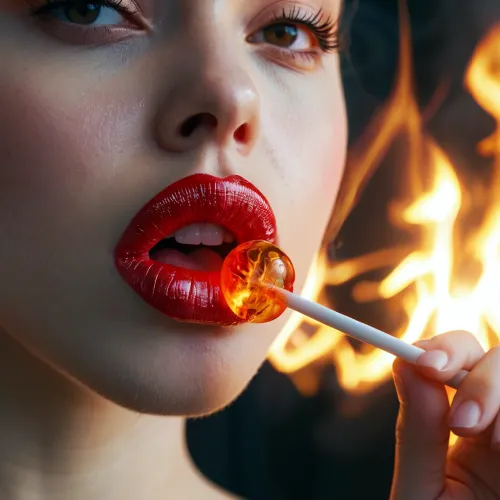 AI에 의하여 생성된 포르노 그림은 가짜 입에 의해 빨린 lollipop의 가까운 위로 보여주었습니다, 그것의 주위에 감싸인 광택 있는 빨간 입술에 강렬한 초점과 더불어. 포르노 그림은 매우 명시 적었고 닫히는 것을 보여주었습니다
