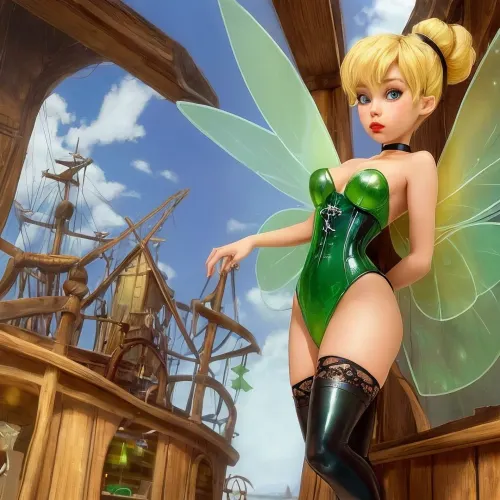 TinkerWaifu, una bella fata con capelli verdi e lattice traslucido, si trova di fronte ai quartieri di un capitano indossando un vestito corsetto con pizzo nero e lattice traslucido. I suoi occhi sono blu, teneri e sedotti