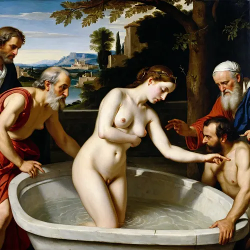 The Bath of the Old Men" by Artemisia Gentileschi is a painting that depicts the story of Susanna and the Elders