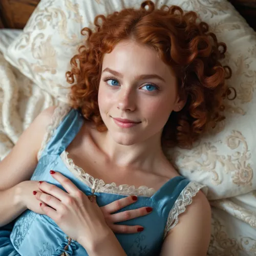 The young Scandinavian girl lies on her back on a bed in an ancient castle, top view, full length, looking at the camera. She has long red curly hair and is wearing a blue dress with white lace trim. Her eyes are sed