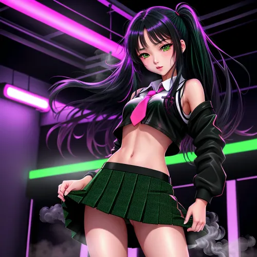 女子高生衣装の舞台で踊った長い黒い髪と緑の目を持つ小柄な少女、彼女の小さな体と長い脚を披露します。 彼女は熟練したダンサーで、聴衆は自分の目を離さない。 踊ったように、,