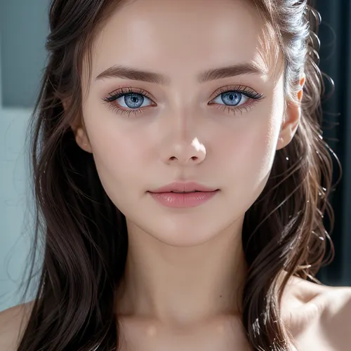 Une jeune femme avec un visage parfait et des yeux innocents posé pour la caméra, montrant son teint impeccable et dents blanches brillantes. Elle avait de longs cheveux noirs qui s'écrasaient dans le dos et des yeux bleus épais qui scintillent d'innocence