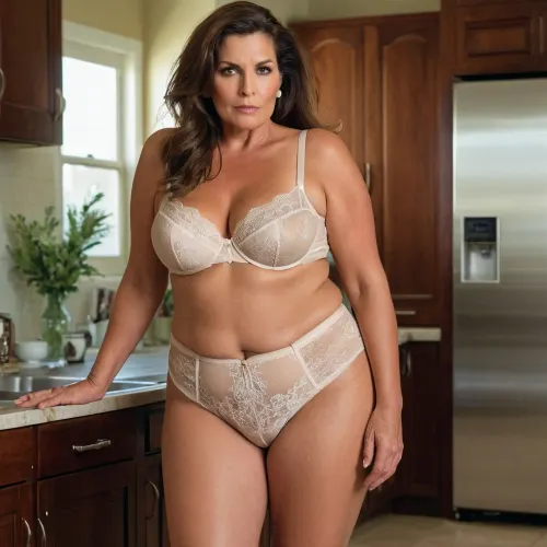 A 65-year-old mature woman with a thick waist, saggy tits, and thick thighs walked into the kitchen wearing high waist lingerie underpants that hugged her curves perfectly. Despite her age, she still had an impressive figure that