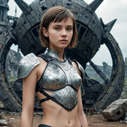 In a far-off galaxy, a beautiful and slender 18-year-old French girl named Aria stood against the ruins of an ancient spaceship. Her battle armor was made of sleek, futuristic materials that allowed her to move with ease and