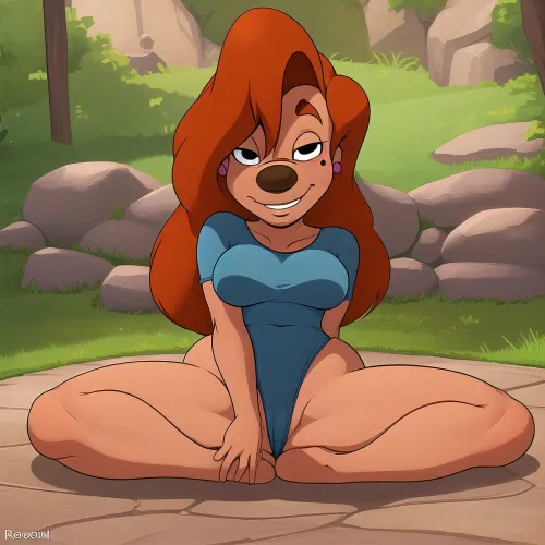 masterpiece, best quality, high resolution, (roxanne goofy:1.1), 1girl, solo, smile, looking sexy, looking at viewer, day, dappled sunlight, cartoon character, shade, fullbody, sitting, roxanne, thick thighs, <lora:RoxanneGoofy_clip2:.5>, <lora:roxanne-v1:.5>