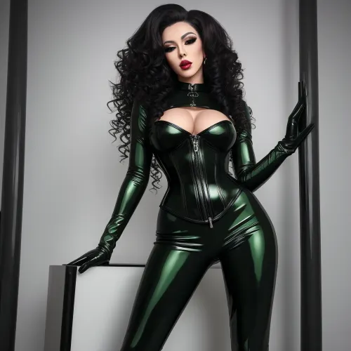 beautiful sexy slender trans woman, with long curly hair wearing light make up, long black latex gloves with a green latex corset, fishnets and latex thigh high boots, bukkake, cum