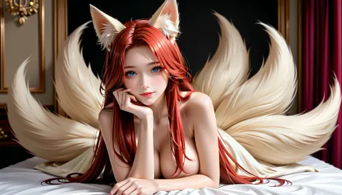 masterpiece, best quality, highly detailed, skinny woman, 154cm hight, 50kg weight, red hair, long hair, fox ears, fox tail, multiple tails, huge breast, (huge chest:.9), solo, nacked, sexy, bare legs, Shy, smile, doggystyle, beautiful, legs spread wide, knees on bed, complete body, back view, <lora:Hegre-Nude_woman-000001:.5>