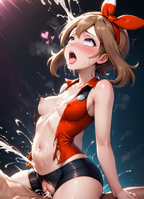 May from pokemon, ahegao, head thrown back, squirting, side view, cowgirl, cum on belly, cum on chest, cum in vagina, saliva, ultra detail, heart, convulsion, orgasm, naked, ripped clothes, 1girl, may_\, (pokemon\), collarbone, highres, eyelashes, ripped red_shirt, bow_hairband, sleeveless_shirt, absurdres, bike_shorts, <lora:may_(pokemon):1>