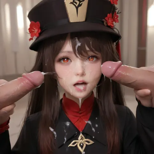(hu tao from genshin impact), long, hair, bangs, brown, (red, eyes:1.3), between, eyes, twintails, sidelocks, symbol-shaped, pupils, sleeves, hat, jewelry, flower, shorts, wide, coat, chinese, clothes, black, ring, nails, ornament, woman, on, face, bukkake, excessive cum in face, open mouth, semen in mouth, facial, excessive cum in clothes, cum, <lora:JustCum:1>, <lora:MS_Real_XL_Bukkake:1>