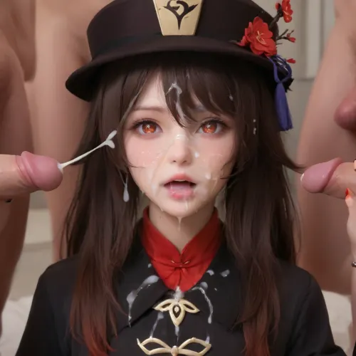 (hu tao from genshin impact), long, hair, bangs, brown, (red, eyes:1.3), between, eyes, twintails, sidelocks, symbol-shaped, pupils, sleeves, hat, jewelry, flower, shorts, wide, coat, chinese, clothes, black, ring, nails, ornament, woman, on, face, bukkake, excessive cum in face, open mouth, semen in mouth, facial, excessive cum in clothes, cum, <lora:JustCum:1>, <lora:MS_Real_XL_Bukkake:1>