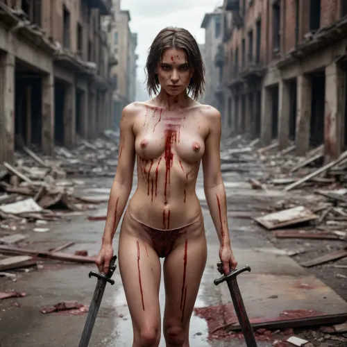Naked girl covered in blood in the middle of a destroyed city, sword in hand, smirk on her face, sweaty, dirty