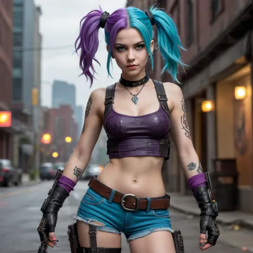 The adult version of Jinx from *League of Legends* maintains her signature chaotic and eccentric look, but with more mature features. Standing tall with a slim, athletic frame, her appearance radiates a wild, untamed energy. Her pale blue skin contrasts sharply with her messy, vibrant turquoise hair, which is styled in two long pigtails, often wild and unkempt. The hair flows freely around her face and shoulders, giving her an unpredictable, anarchic vibe.

Jinx’s facial features are sharp, with an intense and mischievous expression that conveys her manic personality. Her eyes, large and expressive, are a bright, almost glowing shade of purple, giving her a surreal, almost unsettling appearance. Her lips are usually curled into a devilish grin, further emphasizing her unpredictable nature.

Her attire consists of a mix of post-apocalyptic and punk influences. She wears a tight-fitting, cropped top and shorts, with straps, belts, and buckles scattered across her body, enhancing her chaotic look. The clothing is decorated with symbols and patterns, often in dark shades of purple and black, with some metallic elements giving a nod to her love of destruction and chaos.

Around her waist, Jinx carries an array of weapons, most notably her signature rocket launcher, "Fishbones, " slung across her back. She also carries her smaller firearm, "Pow-Pow, " as a secondary weapon. Her accessories, including spiked gloves and boots, complete her tough, rebellious appearance, making her look like a force of nature ready to wreak havoc. The adult Jinx's overall aesthetic is that of a highly stylized, unpredictable anarchist, combining youthful recklessness with a more dangerous, grown-up edge.