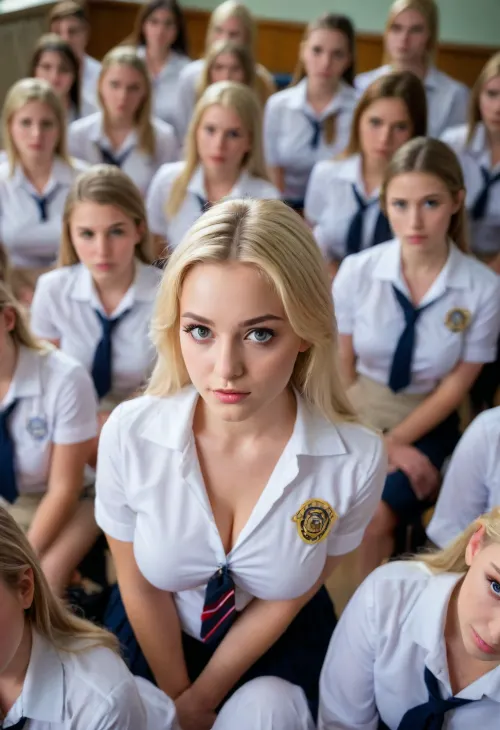A classroom full of 18 year old insanely hot very busty blonde students in very tight school uniforms, untratight, boobs bursting out of shirts, lots of cleavage, view from above