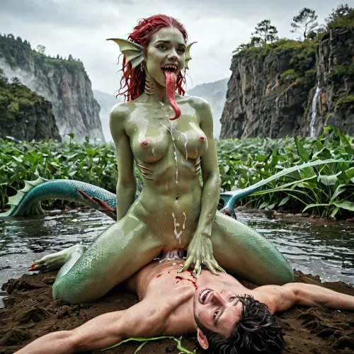 mermaid, green, (green skin=1.9), fin-ears, (fin ears), seaweed hair, kelp hair, (kelp hair=1.6), legs fused into fish tail, (gills), (thoracic gills), small tits, perky tits, irridescent scales near breasts, irridescent cyan scales on tummy, (tummy scales), errect nipples, pearls, irredescent scales cover tail, pussy near tail, golden caudal fin, large labia, creampie, excess cum, (hip fins), sharp teeth, long tongue, wet, oil, excessive oil, body covered in kelp, (kelp), needle nails, (long nails), blood on teeth, blood on tits, show face, show tail, ((show face)), (show tail), red gel on nails, red pain splatter on rocks in background, island in the backgound, fog, mounts and rides a sailor, breeds him, nuru massage, great hips, (hips), arched back, she is fucking a man tied down with seaweed, (Fucking), (seaweed), digging nails into chest, scratches his chest with nails, (scratched chest), (seaweed restraints), webbed fingers, female mermaid