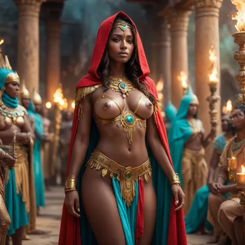 masterwork, aztec woman, (dark skin:1.3), (no clothes), topless, only turquoise and gold ornamentation, wide standing stance, (off center side view:1.2), one hand holding staff, other hand on hip, standing at altar on top of temple, golden hour, sunset, surrounded by other red hooded cloaked worshippers, breasts, soft focus bokeh, full body, candlelight vigil, <lora:SDXLFaeTastic2400:.8>, <lora:add-detail-xl:.8>, looking at camera