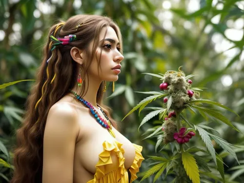 side view, A young, beautiful, slender, Colombian Latina with flowing long hair, war paint, kneeling on a cannabis plantation, She wears a transparent colorful Colombian short ruffle dress, Colombian jewelry, (UHD, 4K, 8K), ((perfect flat small breasts)), (perfect soft face), face closeup, art, cyberpunk art, retrofuturism, takato yamamoto aesthetic, topless