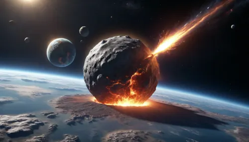 Space, planet Earth, a huge meteor is flying towards Earth, The crater, ultra realistic image, 8K
