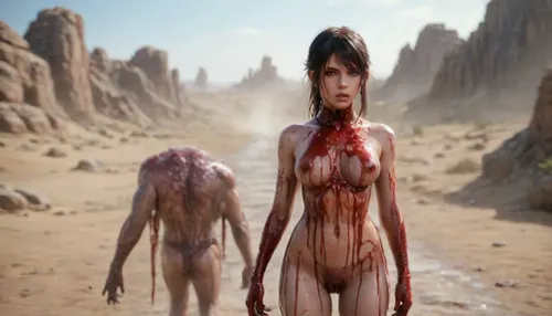 ((full body in shot)), ((brunette with a fringe)), ((anorexic)), a green and gray mutant in medieval rags and an elven amazon 21 years old \ \ collided in battle \ \ mutant growls \ \ the girl is very confident approaching \ the girl's figure is narrow shoulders wide hips thin waist her skin is blue her hair is very long purple complex hairstyle she is dressed in desert light armor \ \ the girl uses magic against the mutant \ the mutant's skin is gray and salty and he has zombie teeth, bloodyface, Blood_Covered, <lora:Blood_Covered-step00001743:1>, .Photorealistic, moody