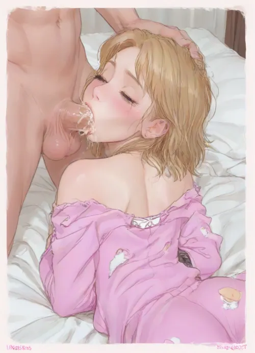 1girl, 1man, ((lying on stomach)), (Insanely hot skinny blonde 22 year old college student getting forced to deepthroat a massive cock of a burglar), burglar with massive thick cock, eyes closed, thick saliva threads, (sloppy+blowjob+deepthroat+balls deep+vomcum), (excess cum+cum overflowing from mouth), cock balls deep in mouth, (sweat+spit+drool+tears+cum+dripping from her face), ((hands tied behind back)), (exposed small perky tits), ((painful expression)), pearl jewelry, sucking cock, ((torn pink pajama top)), shocked expression, (eyes wide open), ((pulled down pajama pants)), nice ass, (perfect hands, perfect feet), ((Messy pink bed)), puffy labia, woman, sucking, a, cock, (ratatatat74), 90s Anime, (Outline), (cartoon), tooned, cartoon, low color palette, painted, illustration, made in adobe illustrator, no gradients, incase style, concept, retro, futuristic, flat colors, masterpiece, <lora:ratatatat74-000050:.5>, <lora:outline_xl_kohaku_delta_spv5x:.3>, <lora:cartoon_stickers_xl_v1:1.3>, <lora:NEOTOKIOXL_0.2_RC:.3>, <lora:WTS - WhatTheSuck - v1:.5>