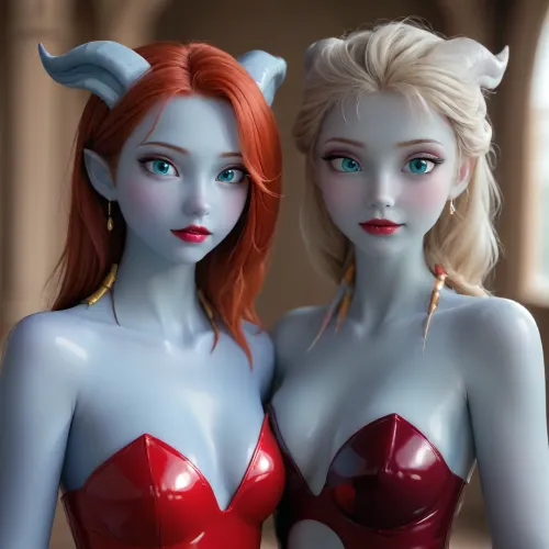 two women in the photo, (Elsa and Anna Frozen:1.5), naked, (anthro blue skin draenei:2), (red hair anthro red skin draenei women:1), (black liquified latex), body covered with thin layer of liquid latex