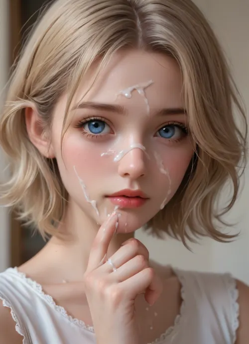 score_9, score_8_up, score_7_up, score_6_up, 1girl, solo, up to down picture, lips, blonde_hair, blue eyes, (cum on face:1.5), perfect picture, finger on mouth