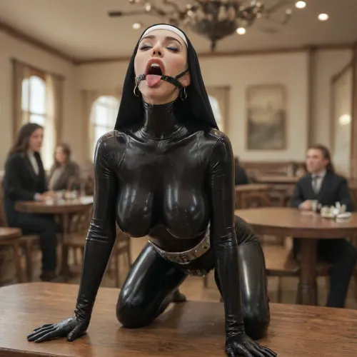 (beautiful bimbo:1), (latex nun:1.2), (black latex body suit:1.5), black latex gloves, (large round silicone breasts:1), (breasts clothed:1.3), (fully clothed:1.2), (covered breasts), (chastity belt:1.2), (metal neck brace:1.2), (wide mouth spreader ring gag:1.2), A woman on a table in a public restaurant., (side shot), (look straight on:1.2), (on table:1.3), (on all fours:1.2), (mouth wide open:1.1), (tongue far out), (saliva strings:1.3), (salivating:1.2), happy, excited, horny, (eyes closed), (score_9, score_8_up, score_7_up, UHD 8K, masterpiece, best quality, maximum details, natural light, extreme realism, cinematic still)