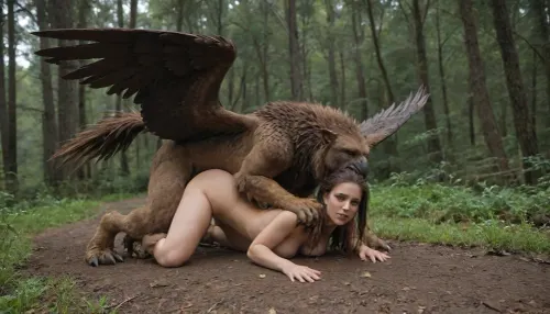 Una danza senza tempo: l'abbraccio di griffin - un vibrante incontro di fantasia 4k uhd in un regno di foresta