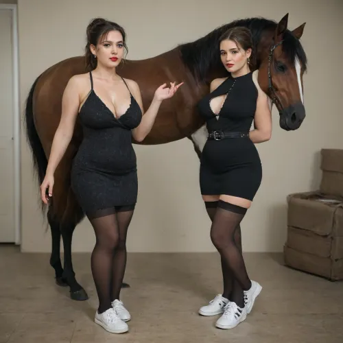 chubby milf, short stature, plump breasts, plump nipples, plump lips, bright red lipstick, long black hair tied back in a high ponytail, stockings with patterns, white sneakers, short black dress, breasts showing through the fabric, stands next to a black horse, holds a horse cock with one hand, <lora:220437_training_data:.8>