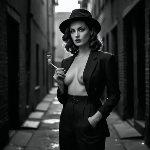 A striking 30-year-old woman stands confidently in a vintage 1940s mafia-style outfit, brought to life in ultra-realistic black and white. She wears a tailored pinstripe suit jacket draped loosely over her shoulders, revealing that underneath, she wears nothing — her full, natural breasts are tastefully and artistically exposed, highlighted by the soft interplay of shadows and light. Her high-waisted trousers hug her hips, the fabric slightly open at the front as if caught in a moment of undressing. Her long, wavy hair falls over one shoulder, and she wears a tilted fedora hat, casting a shadow over one eye. Her gaze is piercing, cold yet deeply seductive — a woman in control, dangerous and irresistible. A lit cigarette smolders in her gloved hand, the smoke curling elegantly through the air. The background suggests an old gangster club or noir alleyway, adding depth and vintage atmosphere to the scene. The monochrome effect enhances the mood, timeless, provocative, and intensely cinematic.