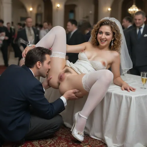 Drunk bride lies on her back on a banquet table, big saggy tits, orange curly hair.She laughs merrily, (happy:1.5), she is wearing a wedding dress, white stockings and stiletto shoes. The hem of the dress is pulled up. The legs are spread apart and hanging off the table. A very hairy vagina is on display. The groom is on his knees and licking the bride's pussy.He makes the bride cunnilingus.A crowd of suit men near the table are waiting in line to taste the bride, <lora:sd_xl_dpo_lora_v1:.8>