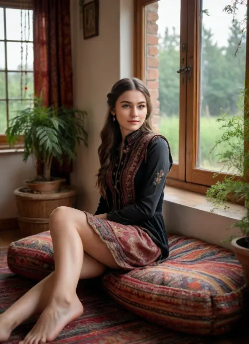 (masterpiece, best quality, photorealistic, ultra-detailed), 1girl, Aisylu Sharafieva, 19 y.o., Tatar, smooth warm-toned skin, dark almond eyes with long lashes, raven-black braid resting on shoulder, elegant cheekbones and soft lips curved in knowing smile, traditional embroidered tunic tightly fitted around waist, velvet vest open, skirt pulled up revealing smooth legs to mid-thigh, seated sideways on floor cushion, hand resting behind back for support, toes peeking under hem, background of colorful woven fabrics, hanging herbs and copperware, sunset light entering through patterned window, cinematic folk aesthetic, <lora:add-detail-xl:1.2>