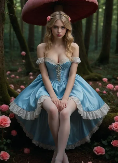(masterpiece, best quality, photorealistic, ultra-detailed), 1girl, Alice Liddell, 18 y.o., sensual fantasy style, flowing golden blonde hair, sparkling blue eyes, glossy pink lips, tight blue dress pulled snug over large perky breasts, narrow corseted waist, hips visibly curving under layered skirt, thigh-high stockings with lace trim, seated on oversized mushroom, one leg crossed over the other, leaning slightly forward to reveal cleavage through open collar, playful smirk, teacups levitating nearby, glowing forest of candy vines and giant roses, soft magical glow on glossy skin, romantic wonderland mood, <lora:add-detail-xl:1.2>