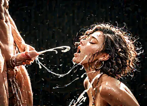 dark room, black background, 1man, 1woman, woman is jerking off man, eyes closed, moaning, (ejaculation:1.9), .