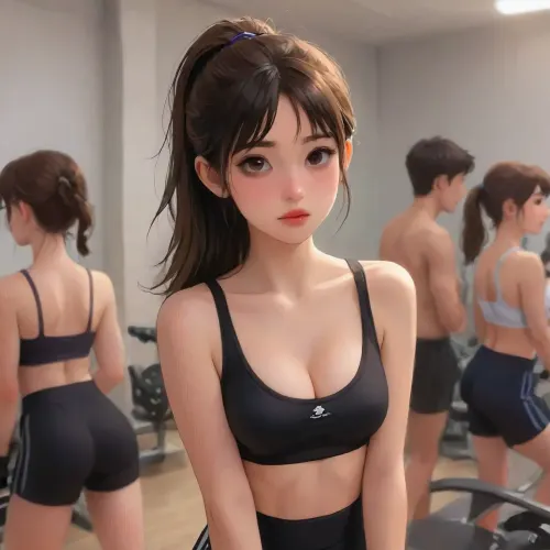 one girl, 18 years old, Russian, beautiful face, (brown hair), big lips, seductive innocent face, cute nose, snub nose, (realistic), super detail, masterpiece, ultra-high resolution, 8k UHD, SLR camera, high quality, detailed skin texture, toned body, very large breasts, (cleavage:1.2), symmetrical face, detailed face, perfect face, realistic girl, straight smooth hair, looks erotic, young girl in the gym, in the gym, (abundant makeup:1.1), tight black short pants, sports top, photorealism, studio lighting, soft shadows, best quality, top model with long legs, noticeable abs, (hair gathered in a ponytail:1.2), curls fall in strands on the face, bangs on the face, S247_JuliaDamia, S129_LizaKovalenko, S197_IvankaPeach, (j_cartoon:1.5), Drawing, <lora:580159_training_data:.7>, <lora:samdoesarts1.1-000030:.5>, <lora:J_cartoon:.4>, <lora:Animated_Concept:.4>