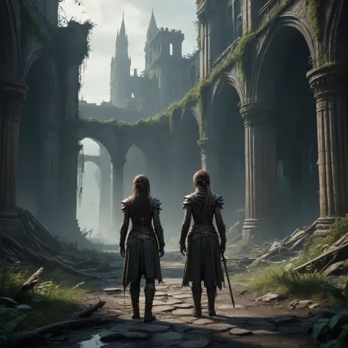 A dark fantasy dystopian scene with a highly detailed and atmospheric environment. The world is ruined yet magical — overgrown ruins, polluted with glowing anomalies, twisted nature, and remnants of lost civilizations. The light is dim or unnatural, casting eerie shadows. Creatures and characters are mystical but scarred by the harsh world — hybrids, beast-like beings, elves, or fairies with a dangerous or wild edge. The art style combines cyberpunk elements with medieval fantasy, featuring muted colors, metallic textures, glowing runes, and post-apocalyptic flora. Emphasize mystery, decay, and hidden ancient power.