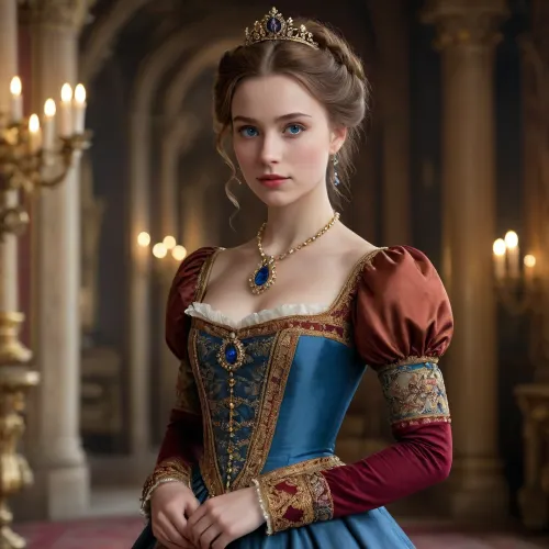 Anna-Henrietta is described as a pretty, rather tall young woman with a sharp snub nose, blue piercing eyes, and chestnut-colored hair, usually styled in fantastically complex fashionable hairstyles. The princess dresses in stunning dresses of rich colors, yellow, wine, blue, with intricate patterns, usually trimmed with precious stones and pearls, with puffed sleeves and often deep necklines, and also wears expensive jewelry and accessories.