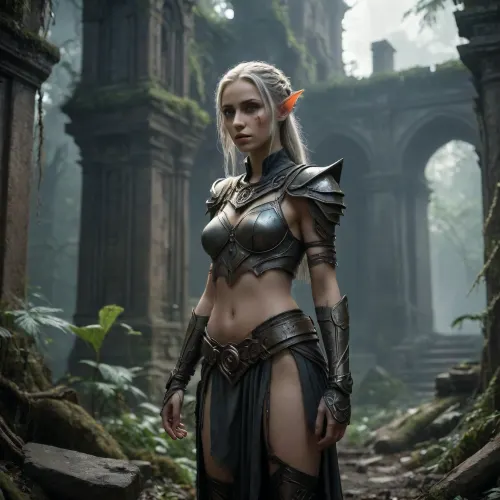 A dark fantasy dystopian scene with a highly detailed and atmospheric environment. The world is ruined yet magical — overgrown ruins, polluted with glowing anomalies, twisted nature, and remnants of lost civilizations. The light is dim or unnatural, casting eerie shadows. Creatures and characters are mystical but scarred by the harsh world — hybrids, beast-like beings, elves, or fairies with a dangerous or wild edge. The art style combines cyberpunk elements with medieval fantasy, featuring muted colors, metallic textures, glowing runes, and post-apocalyptic flora. Emphasize mystery, decay, and hidden ancient power., <lora:274730_training_data:1.8>