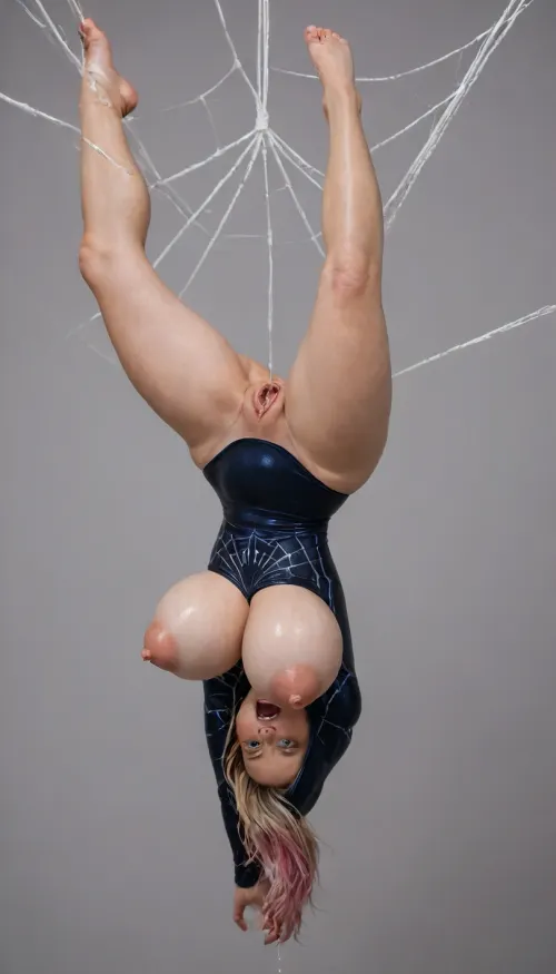 beautiful naked sexy skinny 20 year old spidergirl with huge tits on small frame, erect nipples, (excessive puffy nipples:1.543), excessive puffy nipples, light blond hair, (shiny shiny big breasts on display:1.43), (massive tits), breast hypertrophy, macromastia, massive breasts, nipples, shaved pussy, no pubic hair, ((puffy nipples, long nipples, big nipples)), (puffy nipples:1.65), ((shiny shiny tits:1.3)), ((Long conical tits)), sideview, nipple penetration, squeeze, (very glossy shiny boobs:1.2), ((one leg raised straight up by spiderweb, spiderweb holding raised leg in splits:1.543)), fit body, <lora:Spider-Gwen:.9>, (spidergirl gwen stacy in bodysuit with hood on head:1.1), (rekt pussy:1.3), (gaping pussy), (vulva:1.1), (big clit:1.1), (big pussy pussy), pussy hole, huge pussy, creampie, (huge gape), (big clit), (huge gape:1.5), lulublair, gaping, pussy, vaginal, hole, 1girl, solo, (pussy juice dripping down from swollen stretched pussy:1.4), (gaped pussy:1.2), suspended in web, trapped by web, spiderweb bondage, (dangeling from spiderweb upside-down with macromastic tits hanging down:1.5), (((bouncing breasts:1.5)))