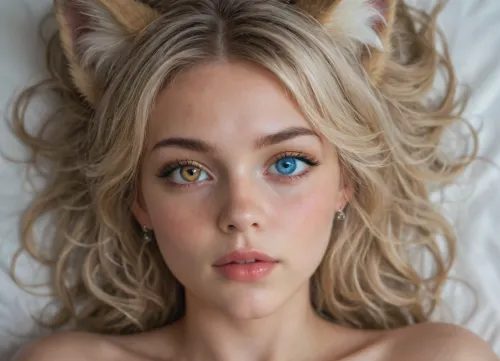 Enchanted petgirl: un solo symétrique dans les yeux fae haute résolution

- Oui.

Dans une image primée, une fille solitaire, une petite renarde pour être précise, se trouve sur son dos. Ses cheveux blonds, une crinière complexe et détaillée, en cascade autour d'elle, encadrant un visage baigné de lumière chaude. Ses yeux, deux chefs-d'œuvre de haute résolution, sont symétriques, avec hétérochromie correspondante - un bleu vif, l'autre vert profond. L'iris, parfaitement rond et détaillé, a un anneau limbe qui accentue leur beauté. Les pupilles, tout aussi captivantes, sont parfaitement rondes et scintillent comme des étoiles sous un ciel clair. Ses oreilles de renard se redressent, tandis que sa queue de renard s'insère dans son cul, se fronce avec gaieté derrière elle. Cette image, une règle du chef-d'œuvre tiers, est un témoignage du pouvoir de la photographie, capturant la beauté frappante d'une fille nue dans une vue supérieure qui vous laisse envoûtée.