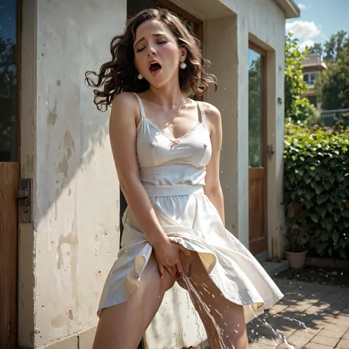 Solo Woman, Young mom waiting outside the school, behind the school, hidden where nobody can see her, pussy fucked from behind, sundress, orgasm, masturbating, fucking, standing, squirting, pussy squirting