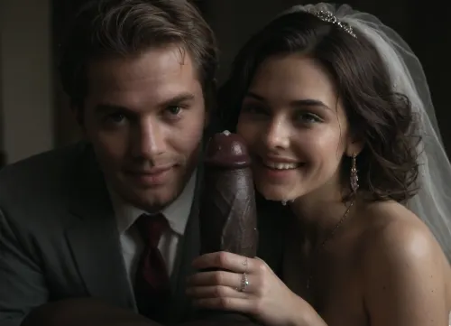 interracial, pov of black penis ., (((1white cuckold husband in suit is behind the bride hugging the bride he is happy and look at the camera))), very large black penis, The happy chubby Persian bride in sexy wedding dress, cum driping bride's chain' cum driping from black penis, drinking sperm from transparent glass cup, there is glossy and sticky sperm in cup, cup full of sperm, cum swallowing, ((gokkun)), (((cum drenched woman and man's face))), . cum dripping from the corners of her lips, The woman holds the cup under the black cock., happy, woman, cum, on, face, <lora:671410_training_data:1.1>, <lora:dark:.5>, <lora:677862_training_data:.8>, <lora:happy_v2:1>, <lora:JustCum:.8>