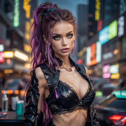 hyper detailed hyper realistic natural petite cutie, 18 years old beautiful model, (very slim), ((bright violet disheveled hair, long hairstyle with pigtails, hair curly in the wind)), extremely gorgeous, lace stockings, knee socks with frills and ribbons, long very shapely legs, visible shaved pussy no panties, legs spread, legs apart, clip, (she is lying down on the table in the nightclub), perfect composition of lights and shadows, warm lights, the brightest image, crystal clear focus, (saturated colours:1.5), (small elastic breasts), small elastic breasts in a bra + T-shirt, (thin waist), ((cyber Glossy black + blue fabric long jacket + sweater)), masterpiece, best quality, (robotic cyber arm), (portrait view + close-up view), dark lighting, rebecca_in_Cyberpunk, aqua, twintails, long, hair, mechanical, eyes, ((red, sclera)), ((green, pupils)), open, jacket, black, bra, ((black, underwear)), neck, tattoo, stomach, leg, bare, legs, oversized, sports, shoes, 7Cy6er7P0nk9, <lora:backlight_slider_v10:.9>, <lora:CyberPunkV2:.5>, ziprealism, detailxl, <lora:Yana_Koshkina:.5>, <lora:weight_slider_v2:-1>, <lora:detail_slider_v4:.1>