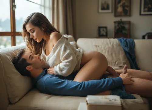 score_9, score_8_up, score_7_up, score_6_up, beautiful face, (college couple hooking up on a dorm room couch), 1man, 1woman, (((69 position:1))), (couch), ((man laying sideways on couch)), ((man's face buried between girl's thighs)), propped up by the couch arm, ((girl straddling Man's face)), ((girl sucking cock)), ((blowjob)), cunnilingus, girl with fit figure, (girl wearing oversized sweater only), chunky knit sweater, (overflowing cleavage), (sweater falling off shoulders), medium hanging breasts, one nipple peeking out, girl wearing no pants, man wearing unbuttoned Oxford shirt, hard cock pointing up, window, (third-person perspective), (side view), ((fully clothed)), fashionable, perfect body, long haired girl, (horny expressions), morning sunlight, (((perfect anatomy))), (realistic anatomy), ((realistic pose)), <lora:attractive_notrigger:.4>, <lora:MJ52:.7>