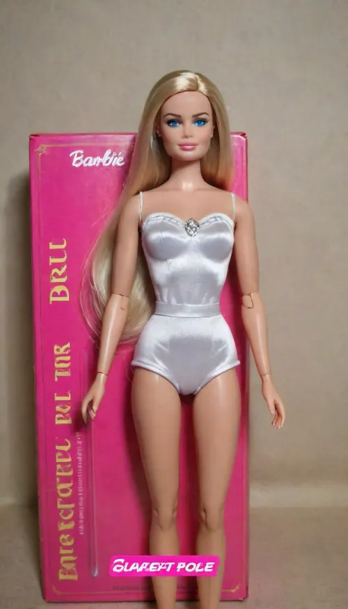 Barbie doll, Margot Elise Robbie face, unopened packaging, blond hair, middle length hair, show full body, <lora:gonza_v2:.5>