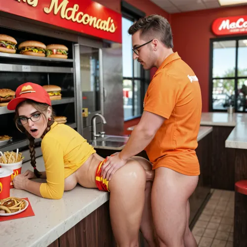embarassed, humiliated, submissive, in the Fast food restaurants, A serious Female McDonald's cashier ass fucked, anal fucking, (dressed in a McDonald's Red and Yellow uniform), glasses, Youthful Skin, photorealistic, 21 years old Female McDonald's cashier, large breasts, very realistic, best quality, high detail, (Standing behind the checkout counter where customers are lined up, she leans on the checkout counter with her hands or elbows, her chest on the checkout counter, Female McDonald's cashier standing leaning forward), (Inside the McDonald's checkout counter, Red and Yellow Fast food restaurants:1.2), anal, fucked anal, (Two braids and bangs), (masterpiece:1), (anal sex:1.2), anal penetration, moaning, no makeup, (side view:1.5), prone bone, (assfuck:1.2)