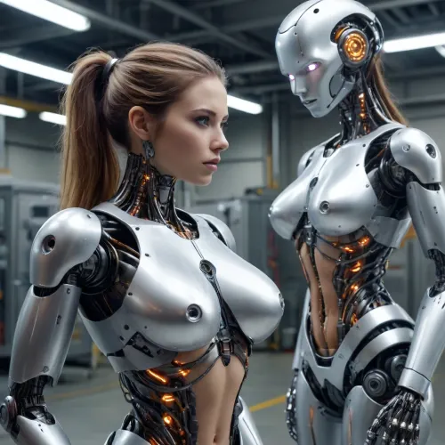 draw a complete metal-energy body of a robot girl, with big robotic tits and a robotic ass. show the whole factory with these robots, how they assemble each other in parts. nanotechnology assemblies are used, and an energy-quantum cybernetic structure system. psyhoenergetic structure.