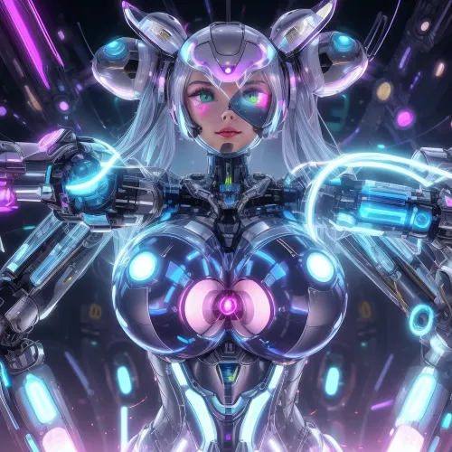 draw a complete psyhoenergetic fantastic energy body a body consisting of pure energy, such a material is called vibrillium of a robot girl, with big robotic tits and a robotic ass. show the whole factory with these robots, how they assemble each other in parts. nanotechnology assemblies are used, and an energy-quantum cybernetic structure system. psyhoenergetic structure.