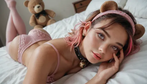 (score_9, score_8_up, score_7_up, source_anime, masterpiece), sharp focus, loose closeup, view from above, sexy pose, looking at viewer, ((cute face)), (fur teddy:1.5), lusty, tomboy face, catgirl, cat ears headband, gorgeous face, auburn hair with pink highlights, collar with bell, tight pink stockings, bedroom, dynamic angle, closeup, flirty, Laying down, lying on back, on bed, hand on face, finger on lips, woman, NEGATIVE_HANDS, <lora:SDXLlora13ErFut:.8>